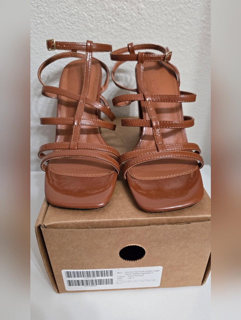 ASOS DESIGN Nobel Caged Block Heeled in Tan Patent Size 8 Like New